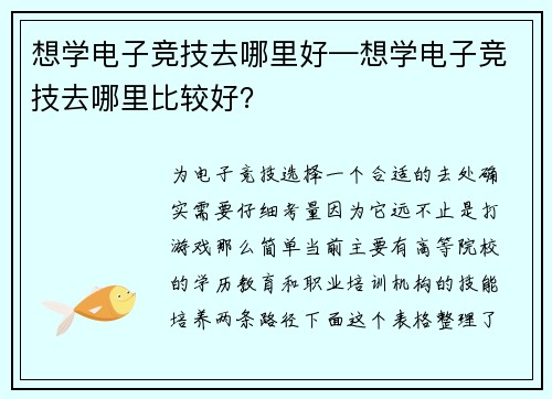 想学电子竞技去哪里好—想学电子竞技去哪里比较好？